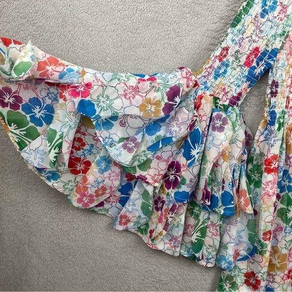 Mochi Dress Women Small Floral Red Blue Yellow Smocked Flare Sleeve Off Shoulder - Picture 9 of 16
